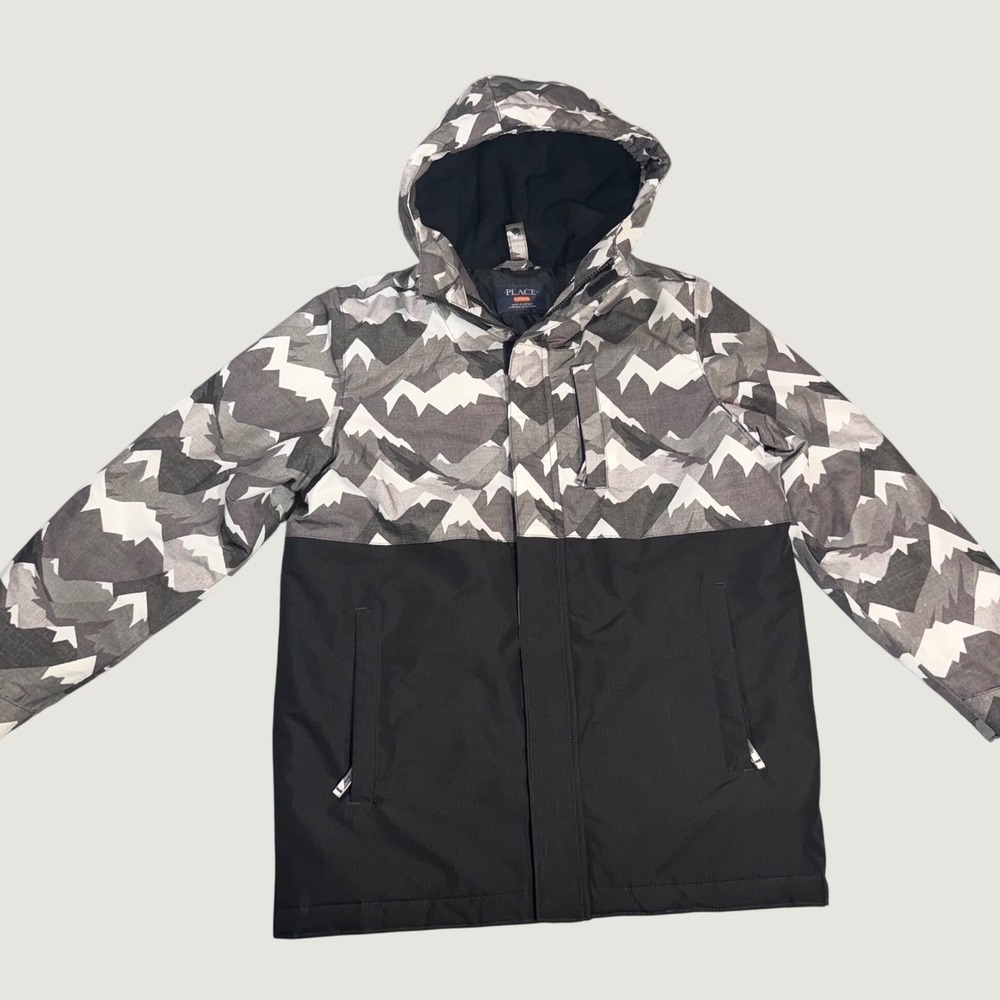 The Children's Place Puffer Jacket Boys L 10/12 Black Gray Good